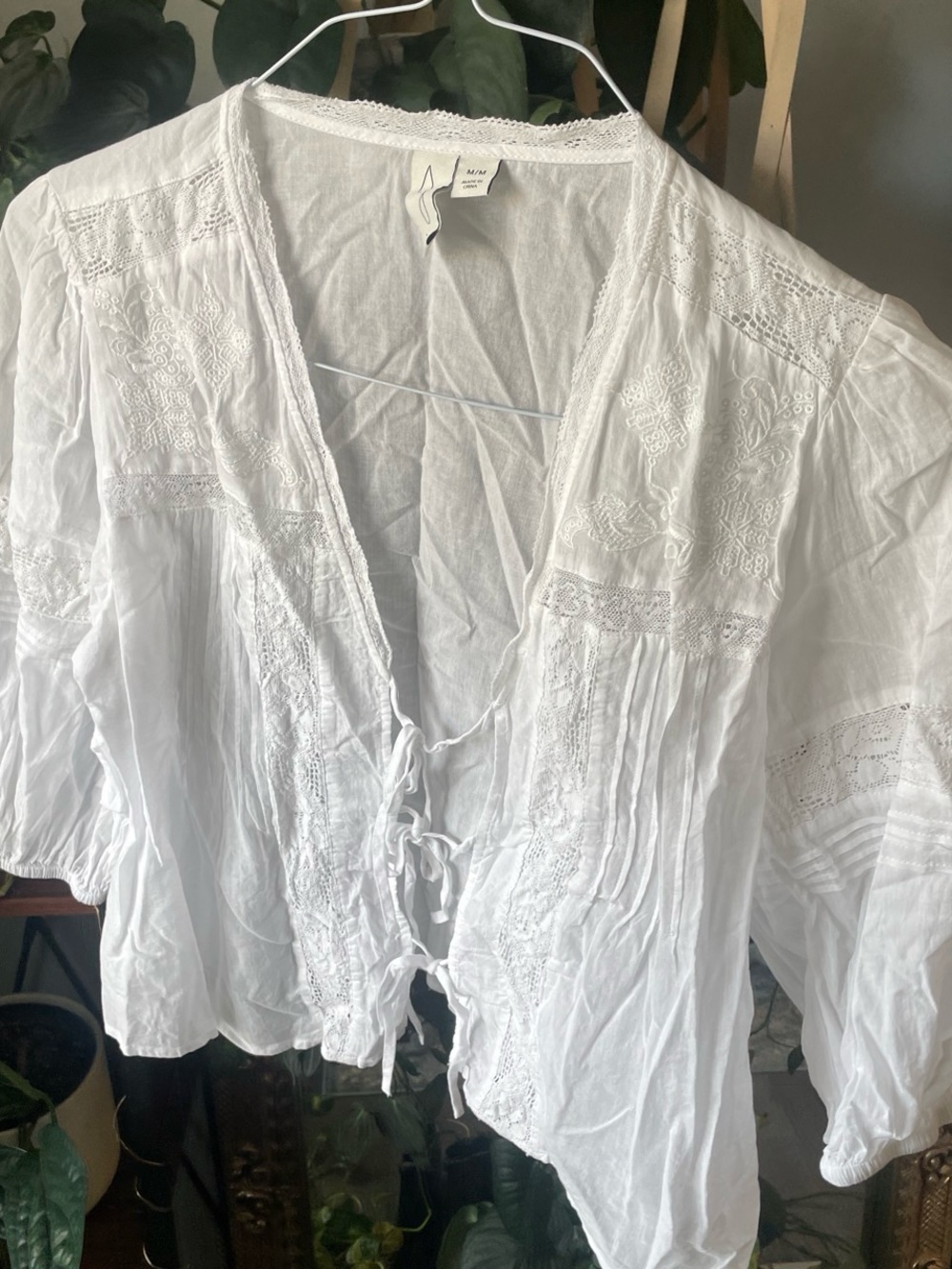 Joie Boho Cottagecore Coquette White Embroidered Tie-Front Cotton Blouse Size S - Picture 2 of 7